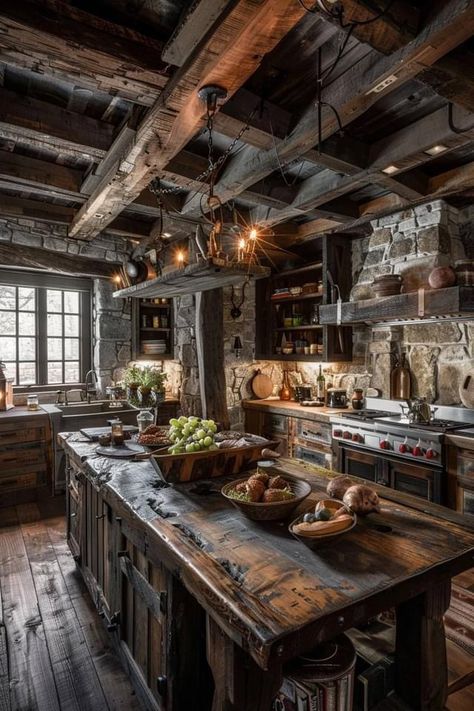 Viking Cottage Interior, Rustic Stone House Interior Design, Viking Home Aesthetic, Dark Country House, Cabin House Kitchen, Modern Medieval Home, Wooden House Inside, Viking House Interiors, Rustic Home Interior Design