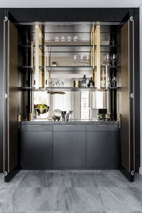 Kitchen Bar Design, Home Bar Cabinet, Modern Home Bar, Bar In Casa, Desain Pantry, Home Bar Designs, Bar Room, Mobile Bar, Residential Interior Design