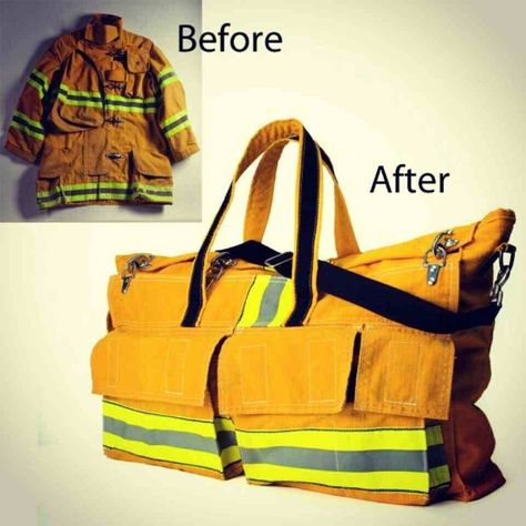 #Firefighter bunker gear turned into a duffle bag, another #DIY way to reuse old firefighter equipment and tools. #fireprotection Firefighter Equipment, Firefighter Bag, Firefighter Crafts, Recycled Firefighter, Old Jacket, Fire Gear, Turnout Gear, Bunker Gear, Firefighter Gear