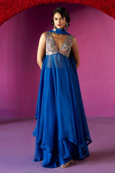 Shop for Mrunalini Rao Blue Fluido Resham Embroidered Yoke Anarkali Set for Women Online at Aza Fashions Royal Blue Anarkali Dresses, Designer Coord Sets For Women, Royal Blue Indian Outfit, Satin Dupatta, Mrunalini Rao, Indian Fits, Blue Anarkali, Desi Dress, Trendy Outfits Indian