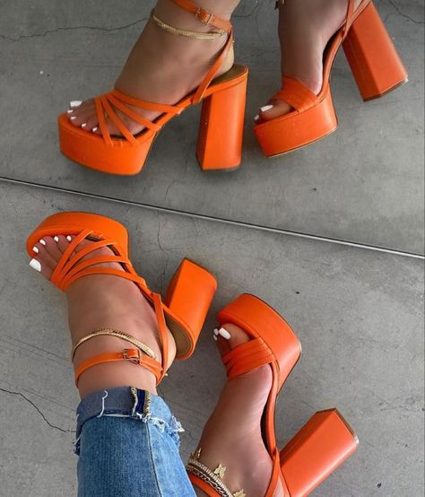 Neon Orange Heels, Orange Platform Heels, Quince Heels, Glamrock Chica, Ig Baddies, Formal Ideas, Grad Outfits, Orange Wedges, Heels Aesthetic