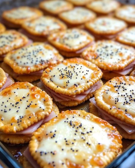 Ham And Swiss Cracker Melts, Tailgate Recipes, Ham And Swiss, Grandma's Recipes, Cheese Trays, Deli Ham, Mini Sandwiches, Tailgate Food, Grandmas Recipes