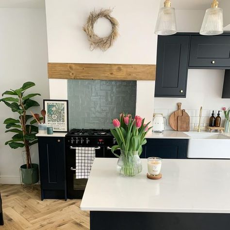 Gemma | In The Dog House on Instagram: "Swipe to see the evolution of the chimney breast in the kitchen… the end photo is the estate agent photo 👀😅 Check out the brick island with the hob on… do you like? 😂😬🧱 We now have the range cooker in the chimney breast and the cabinets are built around the structure. We have lost a bit of space in the cupboards but it works well. . #kitchenlayout #howdenskitchen #howdenschelford #navykitchen #darkkitchen #kitchencabinets #estateagentphotography #befo Cooker In Chimney, Cooker In Chimney Breast, Brick Island, Pantry Floor, In The Dog House, Howdens Kitchens, Kitchen Chimney, Navy Kitchen, Barn Kitchen