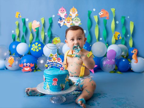 Baby Shark Smash Cake Boy, Dory Birthday Cake, Baby Shark Cake, Half Birthday Baby, Half Birthday Cakes, Shark Birthday Cakes, Nemo Birthday, Shark Themed Birthday Party, Baby First Birthday Cake