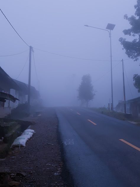 Foggy street on Rancabali, West Java. Moody. Ominous. Foggy Neighborhood, Hermit Aesthetic, Ominous Landscape, Ominous Aesthetic, Creepy Town, Foggy Street, Relaxing Thoughts, Song Vibe, Foggy Aesthetic