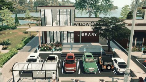 Willow Creek Library  | Patreon Sims 4 Willow Creek Library, Sims 4 Map Replacements Willow Creek, Sims4 Library, Sims 4 Willow Creek Map Ideas, Sims 4 Willow Creek Builds, Willow Creek Library, Sims 4 Library Build, Sims 4 Library, Sims Lots