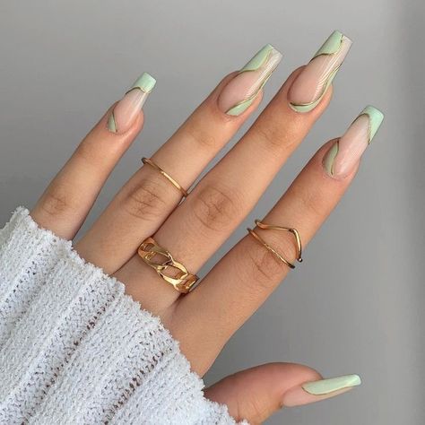 Sage Green Nail Designs, Sage Nails, Sage Green Nail, Sqaure Nails, Pink Tip Nails, Tapered Square Nails, Retro Nails, Punk Nails, Green Nail Designs