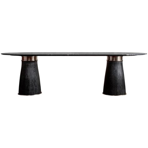 The Camden double pedestal dining table unites organic materiality and a Classic double-pedestal silhouette. This racetrack-shaped table features two solid, natural oak bases. The jewelry-like details of the foot and collar elevate the table to a casual elegance. Custom top in Cristallo stone. Loose Furniture, Double Pedestal Dining Table, Ebonized Wood, Center Tables, Solid Wire, American Modern, Pedestal Dining Table, Kelly Wearstler, Stone Top