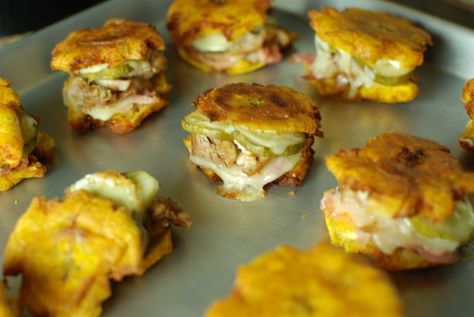 Mini Cuban Tostone Sandwiches - The Food in My Beard Fried Plantain, Cuban Dishes, Puerto Rico Food, Cuban Cuisine, Dominican Food, Cuban Sandwich, Spanish Dishes, Hispanic Food, Puerto Rican Recipes