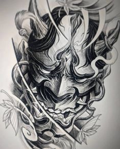 No photo description available. Mascara Hannya, Xenomorph Tattoo, 45 Tattoo, Foo Dog Tattoo Design, Japanese Mask Tattoo, Half Sleeve Tattoos Sketches, Japanese Tattoos For Men, Foo Dog Tattoo, Hannya Mask Tattoo