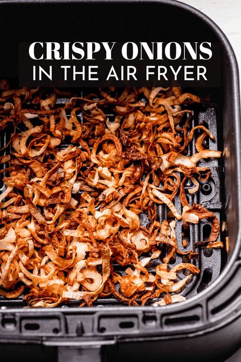 Forget about long cooking times and babysitting a skillet of caramelized onions; make them in the air fryer instead! This Air Fryer Onions recipe will teach you how to make crispy golden onions in just 20 minutes. They’re a perfect topping on burgers, pizza, salad, and more! Gluten Free Fried Onions Air Fryer, Gluten Free Crispy Onions Air Fryer, Homemade French Fried Onions Gluten Free, Homemade Frenches Fried Onions, Gluten Free French Fried Onions Air Fryer, Gf Crispy Fried Onions, Gluten Free Crispy Onion Topping, Gluten Free Fried Onions, Air Fryer French Fried Onions