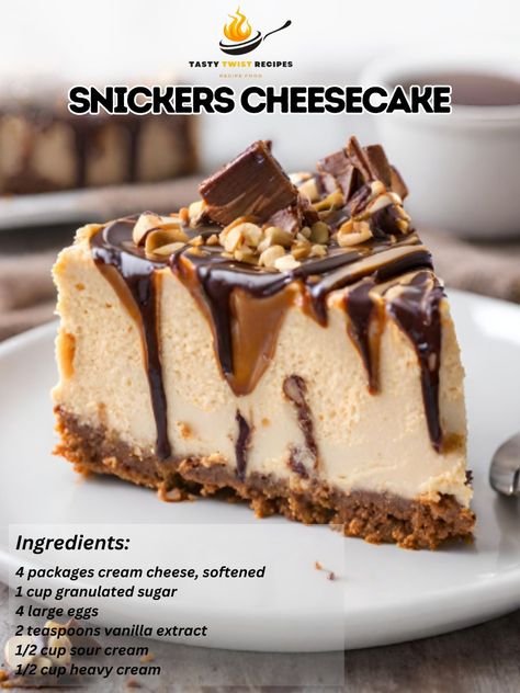 Snickers Cheesecake takes the beloved flavors of the classic Snickers candy bar—chocolate, peanuts, caramel, and nougat—and incorporates them into a decadent cheesecake. This dessert is perfect for Snickers and cheesecake lovers alike, combining smooth cheesecake with the crunch and sweetness of Snickers pieces. Here's how to make it: Snickers Cheesecake Recipe 🍰🍫 Indulge in the rich and irresistible blend of Snickers and cheesecake in this ultimate dessert for candy bar enthusiasts. Ingre... Skor Cheesecake Recipes, Snicker Cheesecake Recipe, Snicker Recipes, Snickers Desserts, No Bake Snickers Cheesecake, Snickers Cheesecake Recipe, Smooth Cheesecake, Snickers Recipe, Decadent Cheesecake