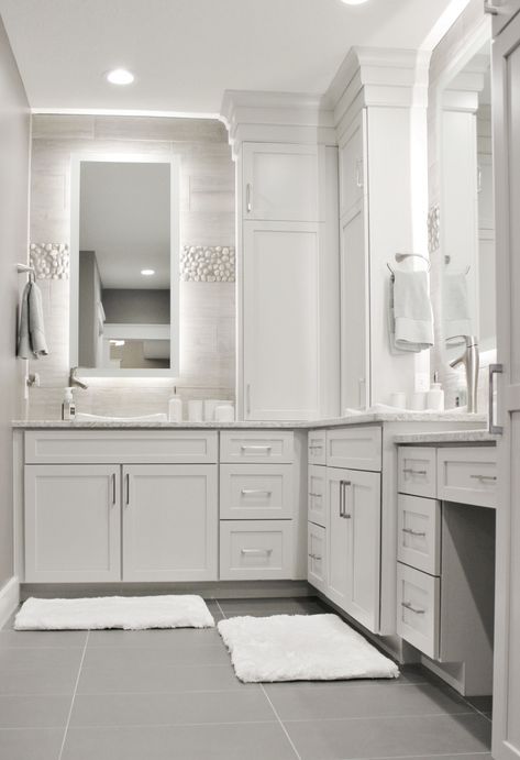 Dura Supreme "Pearl" gray master bathroom design by Village Home Stores, Illinois. Double Sink Corner Vanity, U Shaped Bathroom Vanity, Bathroom Countertop Tower Cabinet, Bathroom L Shaped Vanity, L Bathroom Vanity, L Shape Vanity Bathroom, Japandi Washroom, L Shaped Double Vanity, L Shaped Master Bath