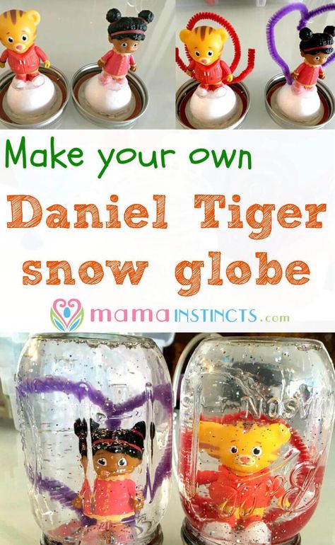 Try this easy snow globe kid craft! Perfect for birthdays or a rainy day. Daniel Tiger Party Games, Easy Snow Globe Craft, Easy Snow Globes, Tiger Snow, Daniel Tiger Party, Tiger Party, Snow Globe Crafts, Globe Crafts, T Craft