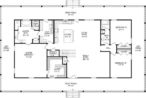 Ranch House Plan - 3 Bedrooms, 2 Bath, 2382 Sq Ft Plan 87-219 Rectangle House Plans, Morton Homes, 3 Bedroom Home Floor Plans, Metal House Plans, Barn Homes Floor Plans, Barndominium Plans, Basement Floor Plans, Two Story House, Pole Barn House Plans