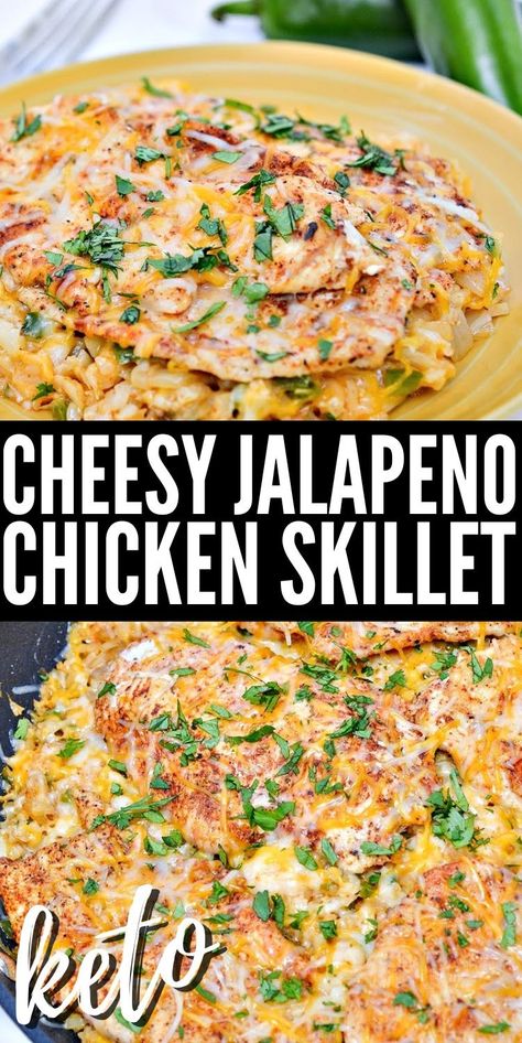 Keto Cheesy Jalapeno Chicken Skillet - Easy Keto Dinner Idea Keto Jalapeno Chicken, Cheesy Jalapeno Chicken, Jalepeno Chicken Recipes, Jalapeno Chicken Recipes, Keto Jalapeno, Chicken Skillet Recipes, Chicken Skillet, Jalapeno Recipes, Jalapeno Chicken