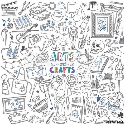 Stock Image: Arts and crafts doodles set. Drawing, painting, sculpting, photography, music and design supplies and tools. Art Tools Illustration, Doodle Art Name, Photography Vector, Doodle Art Posters, Funny Business Cards, Drawing Crafts, Doddle Art, Business Ppt, Crafts Painting