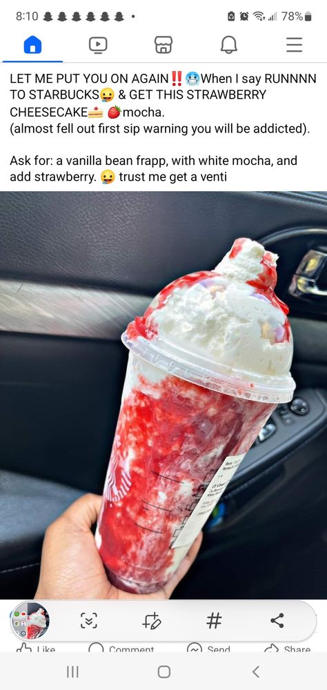 Strawberry Cheesecake Starbucks Drink, Strawberry Cheesecake Starbucks, Cheesecake Starbucks, Secret Starbucks Drinks, Starbucks Drink, Starbucks Drinks Recipes, New York Cheesecake, Drinks Recipes, Strawberry Cheesecake