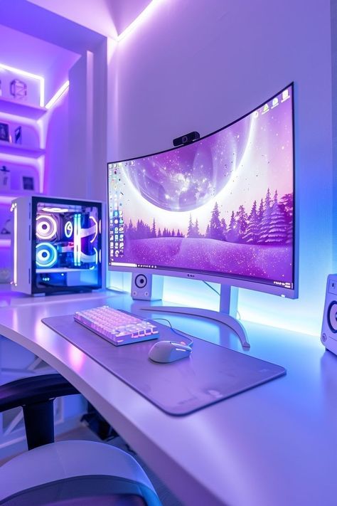 Curved Pc Monitor, Desktop Computer Setup Aesthetic, Purple Computer Setup, White And Purple Pc Setup, Dream Gaming Setup, Pc Room Aesthetic, Futuristic Room Aesthetic, Purple Gaming Setup, Purple Gaming Room