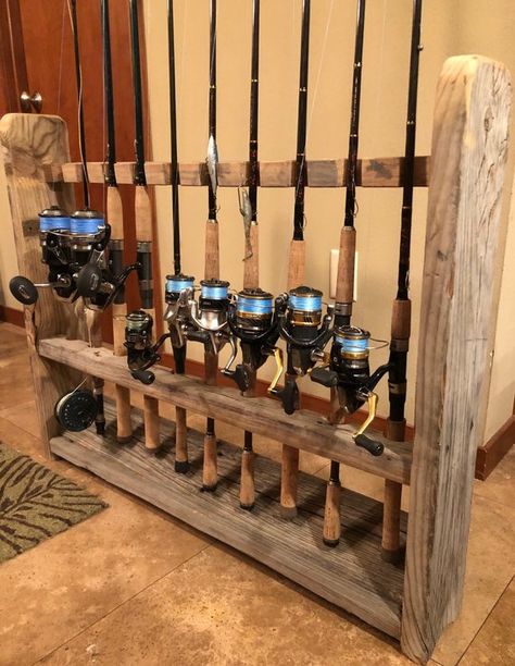 Custom fishing rod racks | Etsy Diy Fishing Rod Holder, Fishing Pole Rack, Fishing Pole Storage, Diy Fishing Rod, Fishing Rod Stand, Custom Fishing Rods, Fishing Pole Holder, Fishing Rod Storage, Fishing Rod Rack