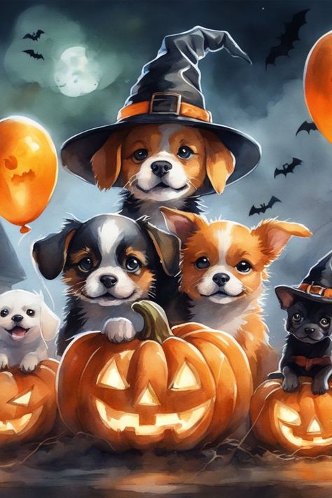 An illustration featuring cute cats and dogs in various Halloween costumes, surrounded by Halloween-themed elements. The pets are dressed as witches, ghosts, and other spooky characters, creating a festive and adorable scene. #petarts #pethalloween #halloweencostumes Halloween Costumes For Pets, Costumes For Pets, Halloween Halloween Costumes, Halloween Pets, Dogs Halloween, Happy Halloween Pictures, Spooky Costumes, Thanksgiving Wallpaper, Pet Halloween Costumes