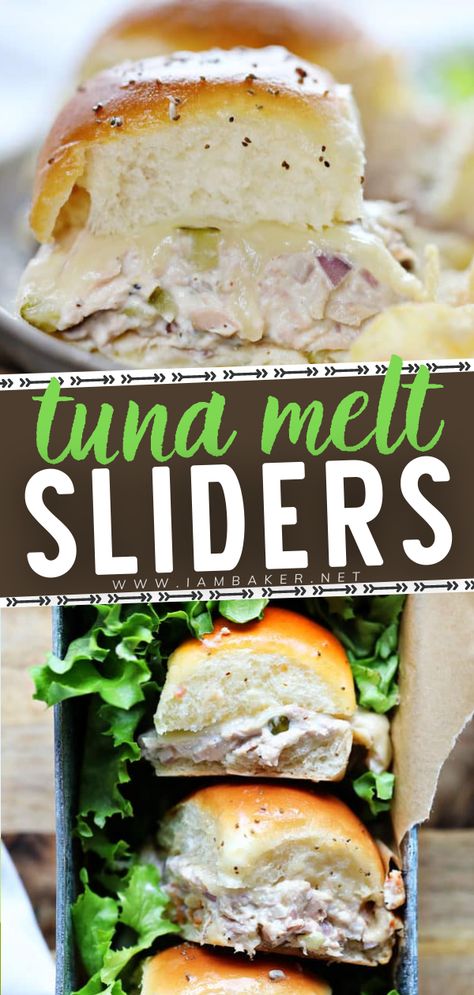 Here is another Game Day idea for you! Tuna Melt Sliders starts with savory tuna salad mixture sandwiched between toasted sweet hawaiian buns and the oh so creamy, melted Havarti Cheese. This football party food will surely be a hit on your next Game Day party. Pin this Game Day snacks! Fish Sliders Recipes, Tuna Sliders Recipes, Tuna Melt Sliders, Tuna Sliders, Tuna Appetizer, Hawaiian Bread Rolls, Sweet Hawaiian Rolls, Sliders Recipes Hawaiian Rolls, Gameday Food