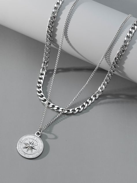 Silver Fashionable Collar  Stainless Steel   Embellished   Women's Fashion Jewelry Pendants For Men, Star Decor, Mens Fashion Jewelry, Mens Silver Necklace, Star Decorations, Round Decor, Mens Pendant, Layered Necklace, Men Necklace