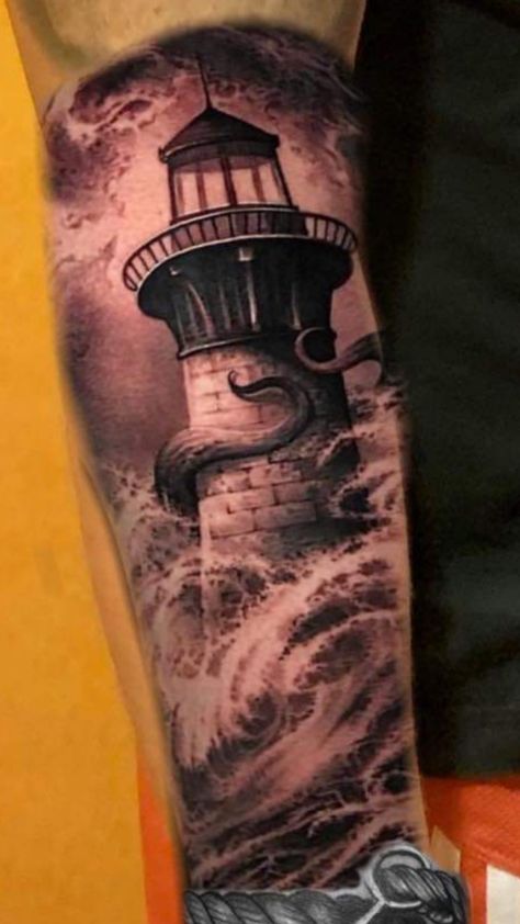 Octopus Tattoo Sleeve, Lighthouse Drawing, Lighthouse Tattoo, Lighthouses Photography, Sea Tattoo, Octopus Tattoo, Sleeve Ideas, Sleeves Ideas, Tattoos For Daughters