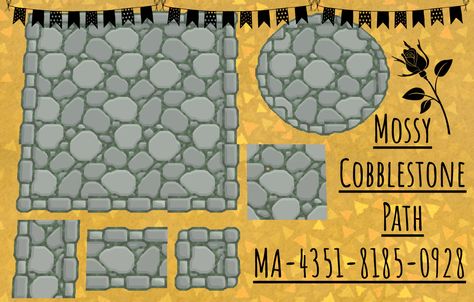 Mossy Cobblestone Path Acnh, Mossy Cobblestone, Pokemon Stones, Animal Crossing Custom Designs, Cobblestone Path, Acnh Paths, Bug Images, Acnh Inspiration, Stone Road