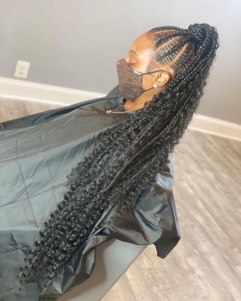 Boho Feedin Ponytail, Goddess Ponytail Braids, Braided Up Ponytail With Curls, Goddess Feed In Braids Ponytail, Scalp Braided Ponytail, Cornrow Ponytail With Curls, Big Cornrows Hairstyles, Feed In Braids Ponytail, Cornrows With Box Braids