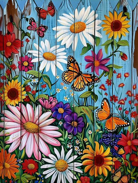 Facebook Colorful Picket Fence, Mural Art Outdoor, Murals On Fences, Painted Fences Mural, Picket Art, Pillar Painting, Painted Garden Sheds, Garden Fence Paint, Fence Painting