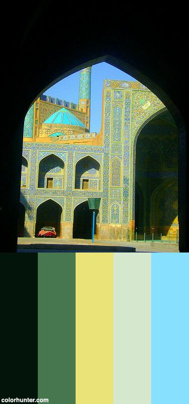 Mosque+Through+An+Arch+Esfahan+Color+Scheme Islamic Color Palette, The Arch, Islamic Architecture, Moroccan Style, Art And Architecture, Islamic Art, Color Scheme, Taj Mahal, Color Schemes