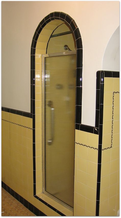 Japantown home's tiled Stall Shower (San Jose, CA) Art Deco Bathroom Tile, Yellow Bathroom Tiles, Classic Bathroom Tile, Shower Alcove, Art Deco Bathrooms, Yellow Bathroom Decor, Art Deco Ideas, Art Deco Bathroom, Bathroom Decor Luxury