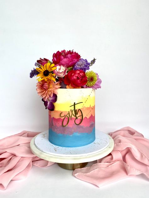 Vibrant Birthday Cakes, Bright Colored Birthday Cake, Bright Cake Flowers, Birthday Cake Bright Colors, Floral 40th Birthday Cake, Bright Flower Birthday Cake, Bright Cakes, 60th Birthday Cake, 40th Cake