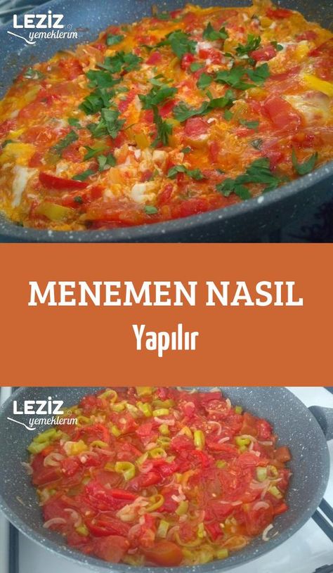 Menemen Nasıl Yapılır Turkish Menemen, Turkish Kitchen, Turkish Recipes, Iftar, Tomato Salsa, Chili, Food And Drink, Pasta, Fruit