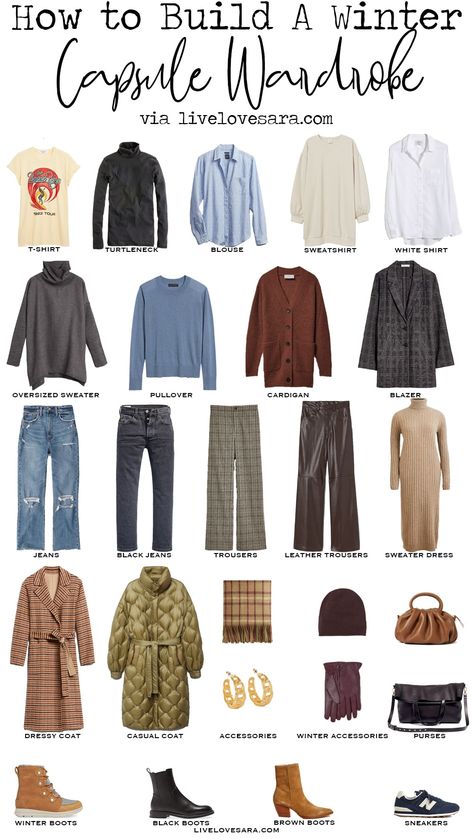 Winter Capsule Wardrobe Beach Boys T-shirt | Black Turtleneck | Blue blouse | Sweatshirt | White Blouse | Oversized Sweater | Blue Pullover | Brown Cardigan | Blazer | Jeans | Black Jeans | Plaid Project 333 Winter, Capsules Wardrobe, Traveler Fashion, Capsule Wardrobe Winter, Ideas Armario, Eclectic Minimalist, Ultimate Capsule Wardrobe, Capsule Wardrobe Outfits, Travel Capsule Wardrobe