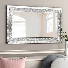 Mirrors Above Couch, Living Room Mirror Above Couch, Vanity Mirror Rectangle, Diamond Vanity, Mirror Rectangle, Bedroom Hallway Decor, Crushed Diamonds, Living Room Foyer, Antique Mirror Wall