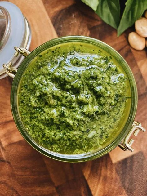 Basil and Marcona Almond Pesto - Whisper of Yum Zhoug Sauce, Almond Pesto, Pistachio Pesto, Green Pesto, Green Sauce, Pesto Recipe, Pesto Sauce, Veggie Burger, Fresh Veggies