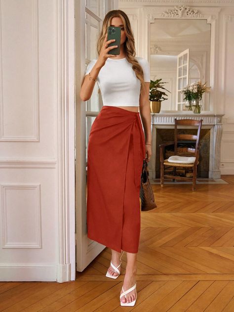 Red Casual Collar  Woven Fabric Plain Wrap Embellished Non-Stretch Summer Women Clothing Pencil Skirt Outfits Casual, Womens Skirt Outfits, Pencil Skirt Outfits, Office Skirt, Draped Skirt, Women Skirts, Classy Casual Outfits, Outfits Verano, Kids Beachwear