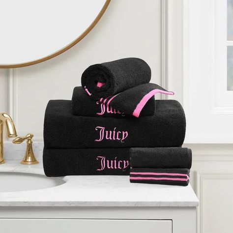 Juicy Couture Neon Border Bath Towels 6-Piece - Bed Bath & Beyond - 41077720 Juicy Couture Decor, Pink And Black Bathroom Ideas, Black And Pink Bathroom Ideas, Pink And Black Bathroom, Fancy Towels, Bedroom Stuff, Cozy Throw Pillows, Future Apartment, Random Ideas