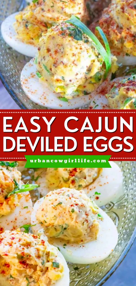 Want more holiday party appetizers? Here's a New Year's Eve party idea! It's also a great addition to your Christmas party food. Not only is this Cajun Deviled Eggs Recipe creamy, but it is also kicked-up with classic Louisianan ingredients! Cajun Deviled Eggs Recipe, Cajun Deviled Eggs, Cajun Appetizers, Thanksgiving Deviled Eggs, Chicken Caesar Pasta, Deviled Eggs Recipe Easy, Devilled Eggs Recipe Best, Caesar Pasta Salad, Creole Mustard