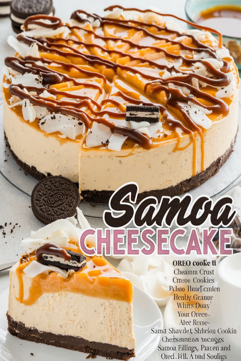 Satisfy your sweet tooth with this delicious Samoa Cheesecake recipe, inspired by the beloved cookie. It’s creamy, rich, and packed with flavor! Samoa Cheesecake Recipe, Samoa Cheesecake, Samosa Recipe, Coconut Cheesecake, Oreo Recipes, Coconut Caramel, Cheesecake Cookies, Oreo Cheesecake, Indulgent Desserts