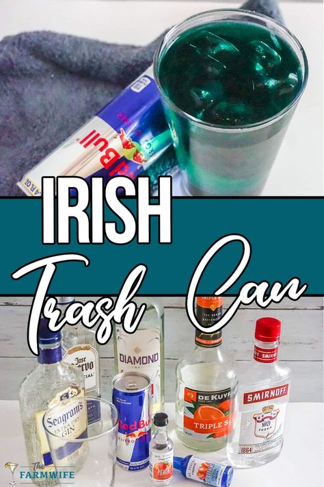 Irish Trash Can Irish Trashcan Recipe, Trash Can Alcohol Drink, Drunk Leprechaun Drink, Irish Trash Can Drink, Trash Can Drink, Irish Car Bomb Drink, Irish Trash Can, Fuzzy Leprechaun Cocktail, Green Alcoholic Drinks St. Patrick's Day