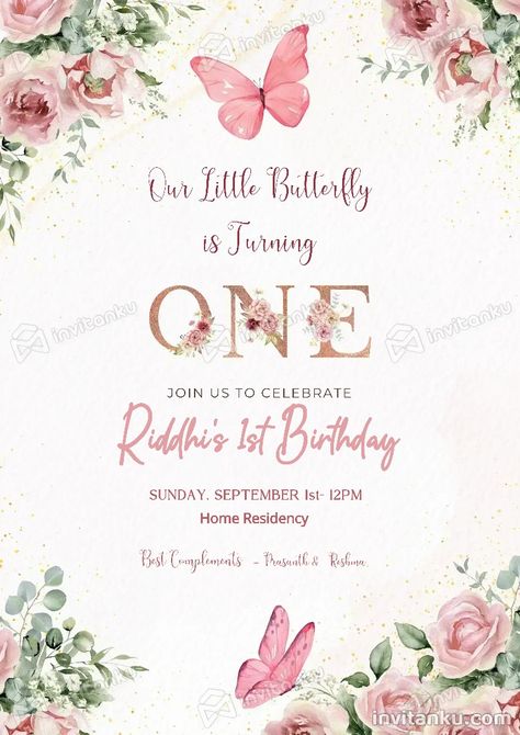 Baby 1st Birthday Invitation Card, First Birthday Invitation Card Template, Butterfly Birthday Party Invitations, First Birthday Invitation Cards, Create Birthday Invitations, Butterfly 1st Birthday, Birthday Invitation Card Template, Baby Birthday Invitations, Birthday Invitation Card