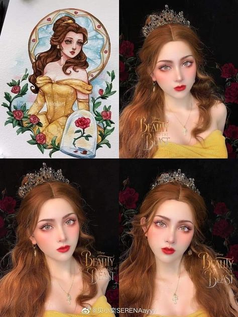 Belle Makeup Disney, Princess Belle Makeup, Makeup Disney Princess, Princess Makeup Looks, Sleeping Beauty Cosplay, Snow White Makeup, Belle Makeup, Disney Princess Makeup, Cartoon Makeup