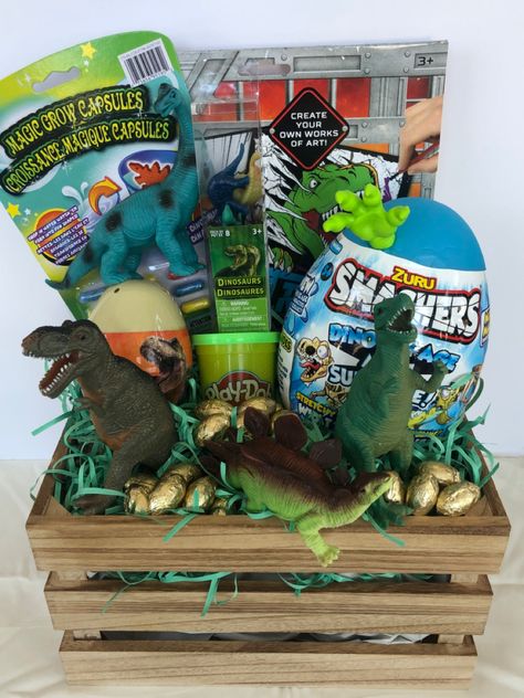 Easter Basket For 4 Year Boy, Jurassic Park Easter Basket, Dinosaur Basket Ideas, Dino Easter Basket Ideas, Dinosaur Birthday Gifts Ideas, Dinosaur Gifts For Boys, Kids Easter Basket Ideas Boys, Dinosaur Gift Ideas, Easter Baskets For Kids Boys