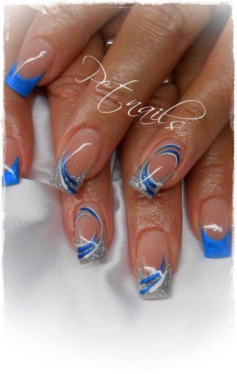 Blue And Silver Nails, Blue Nail Art Designs, Nail Tip Designs, White Tips, Classy Nail Designs, Fancy Nails Designs, French Nail Designs, Pretty Nail Art Designs, Pretty Nail Art