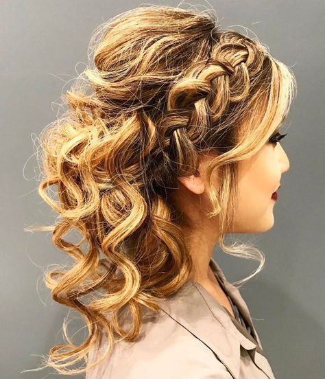 Curly Updo With Side Braid And Bangs Curled Updo Hairstyles, Half Updo Hairstyles, Prom Hair Updo, Curly Updo, Curly Hair Updo, Curly Hair Styles Easy, Braids With Curls, Side Braid, Creative Hairstyles