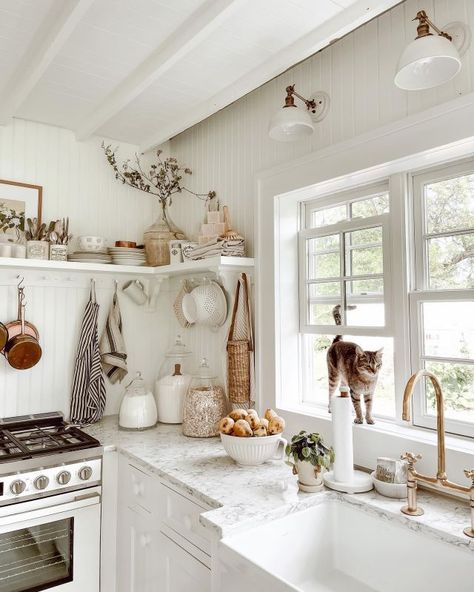 Kitchen Shelf Styling, Cozy White Cottage, The Found Cottage, Winter Kitchen, Liz Marie, Liz Marie Blog, Cottage Kitchens, Kitchen Shelf, Kitchen Cabinet Hardware