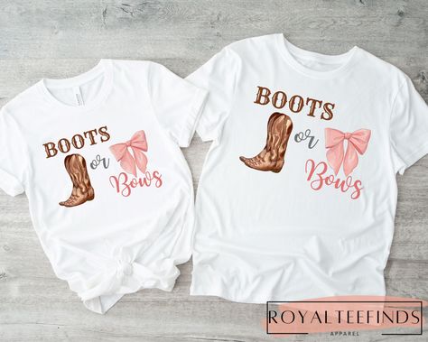 Country Western Family Gender Reveal Shirts SHIPPING --Most items are in production for 1-3 days, however can take a maximum of 5 days. --Shipping times can vary, but you can expect 3-5 days for shipping. --We are not responsible for lost, stolen packages, or delays caused by the shipping provider. Please ensure that you enter your shipping address correctly. REFUNDS We cannot issue refunds or process returns resulting from ordering the incorrect size. This is because the item is made especially Outfit Ideas For Gender Reveal Party, Boots And Bows Gender Reveal Decorations, Boots Or Bows Gender Reveal Decorations, Gender Reveal Tshirts, Country Gender Reveal, Boots Or Bows Gender Reveal, Family Gender Reveal, Gender Reveal Outfit, Bows Gender Reveal